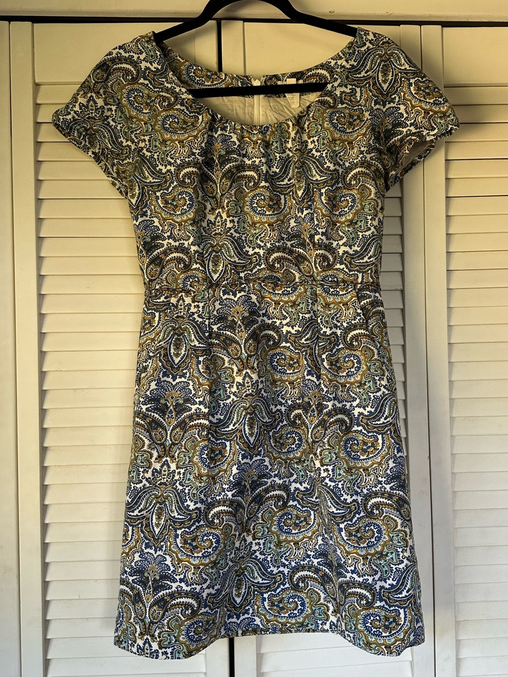 J. Crew Short-Sleeve Paisley Dress in Blue & Gold Silk Mix